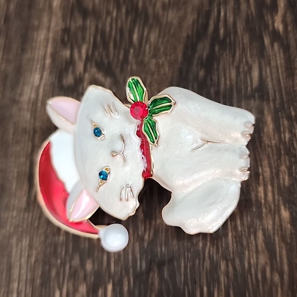 Christmas Kitty Cat Brooch Aqua Gem Eyes